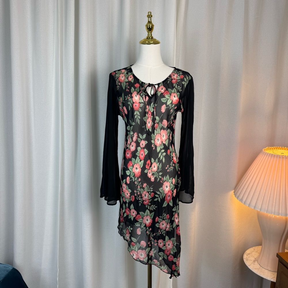 Vintage ANGIE Black Floral Sheer Bell Sleeve Dress Asymmetric Hem size L
